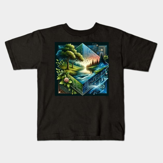 Nature Meets Technology: A Symbiotic Landscape Kids T-Shirt by heartyARTworks